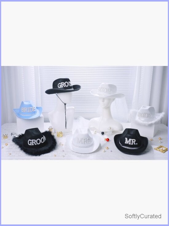 Bride Cowgirl Hat with Veil & Groom Cowboy Hat Wedding Shower Decor main image 6
